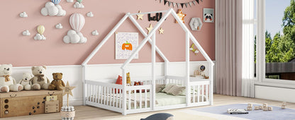 Full Wood House-Shaped Floor Bed With Fence, Guardrails - White