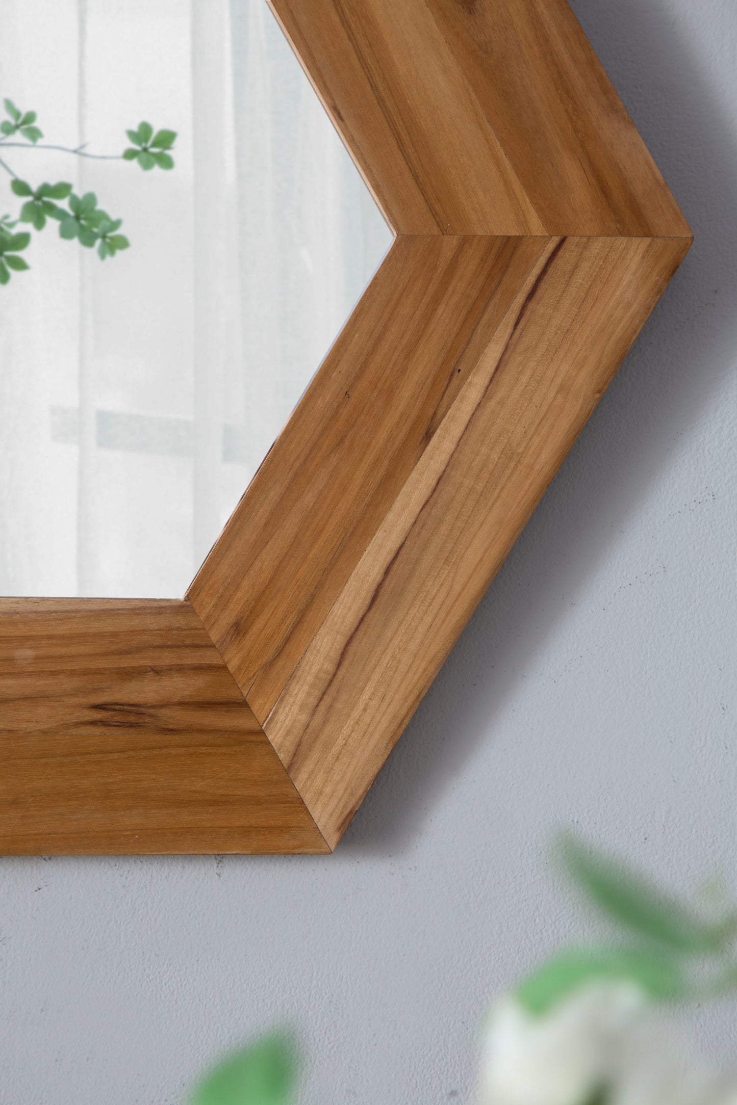 Hexagon Mirror With Natural Wood Frame, Wall Decor For Living Room Bathroom Hallway - Natural