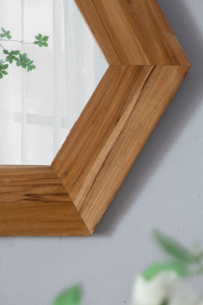 Hexagon Mirror With Natural Wood Frame, Wall Decor For Living Room Bathroom Hallway - Natural