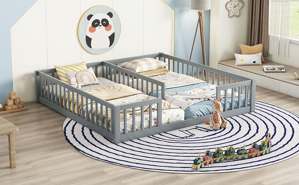 Double Twin Floor Bed With Fence, Guardrails, Without Door - Gray