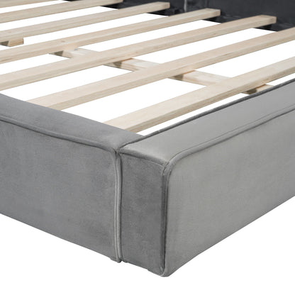 Queen Size Upholstered Platform Bed, Grounded Bed With Solid Frame - Gray