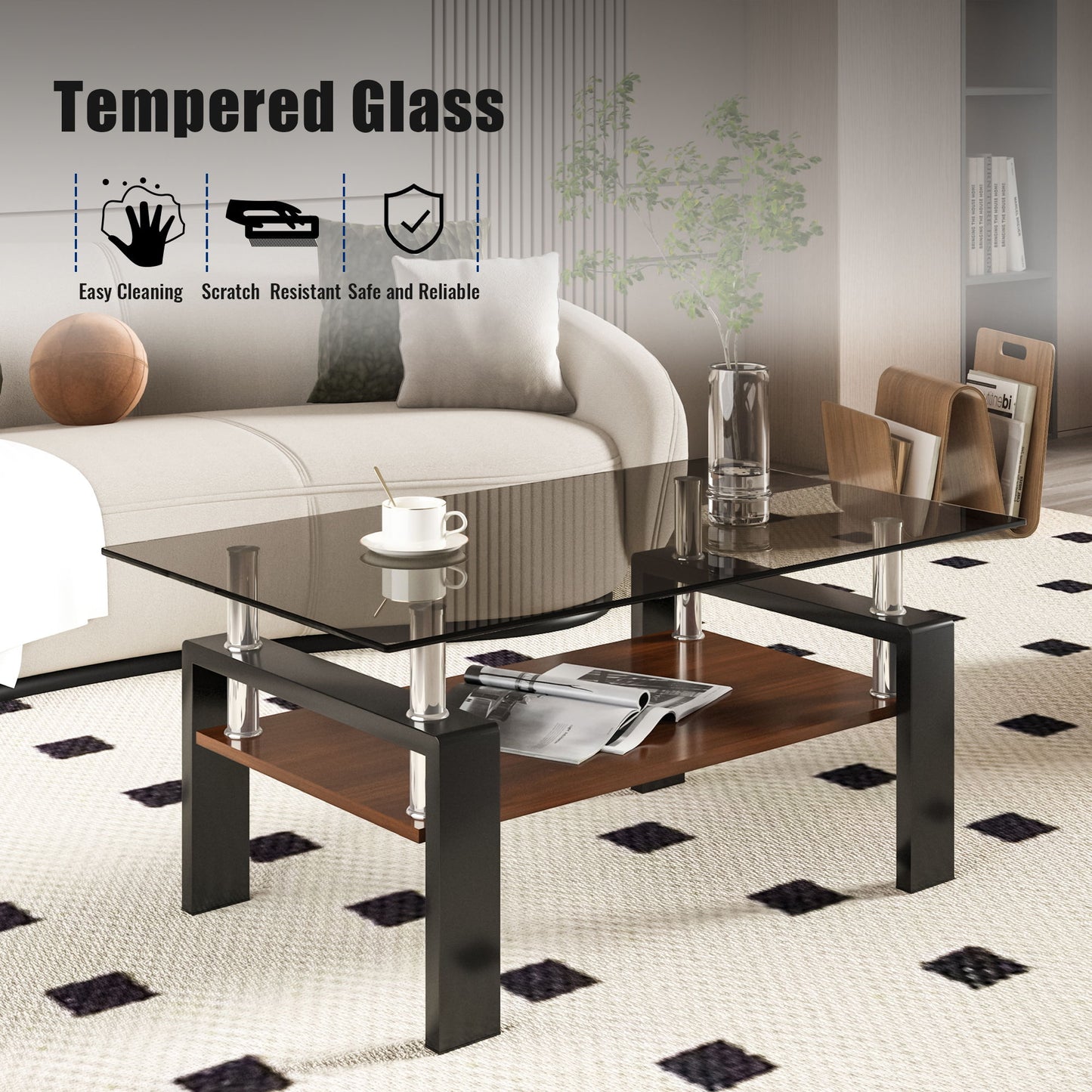 Modern Rectangular Coffee Table With Tempered Glass Top Layer - Gray