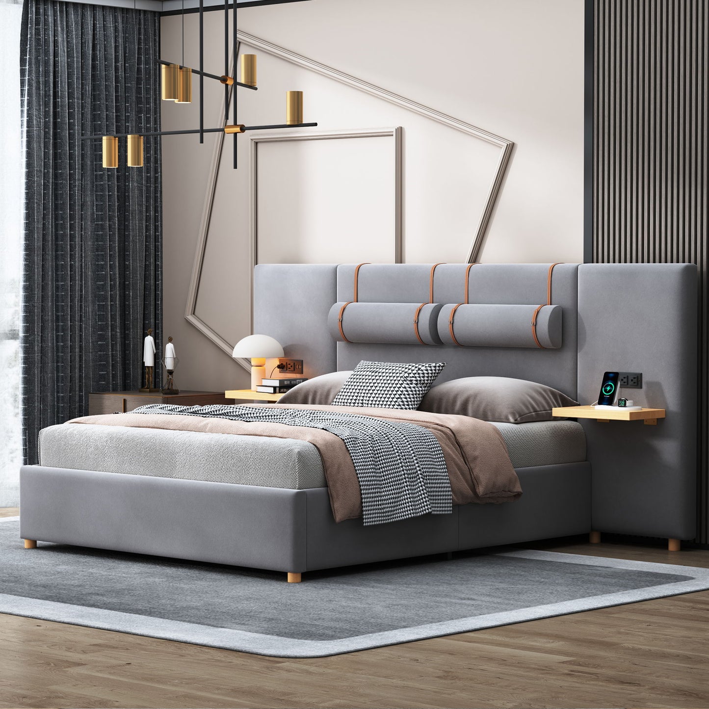 Queen Upholstered Platform Bed, 2 Outlets And USB Charging Ports On Both Sides, 2 Bedside Pillows, Storage Shelves - Gray
