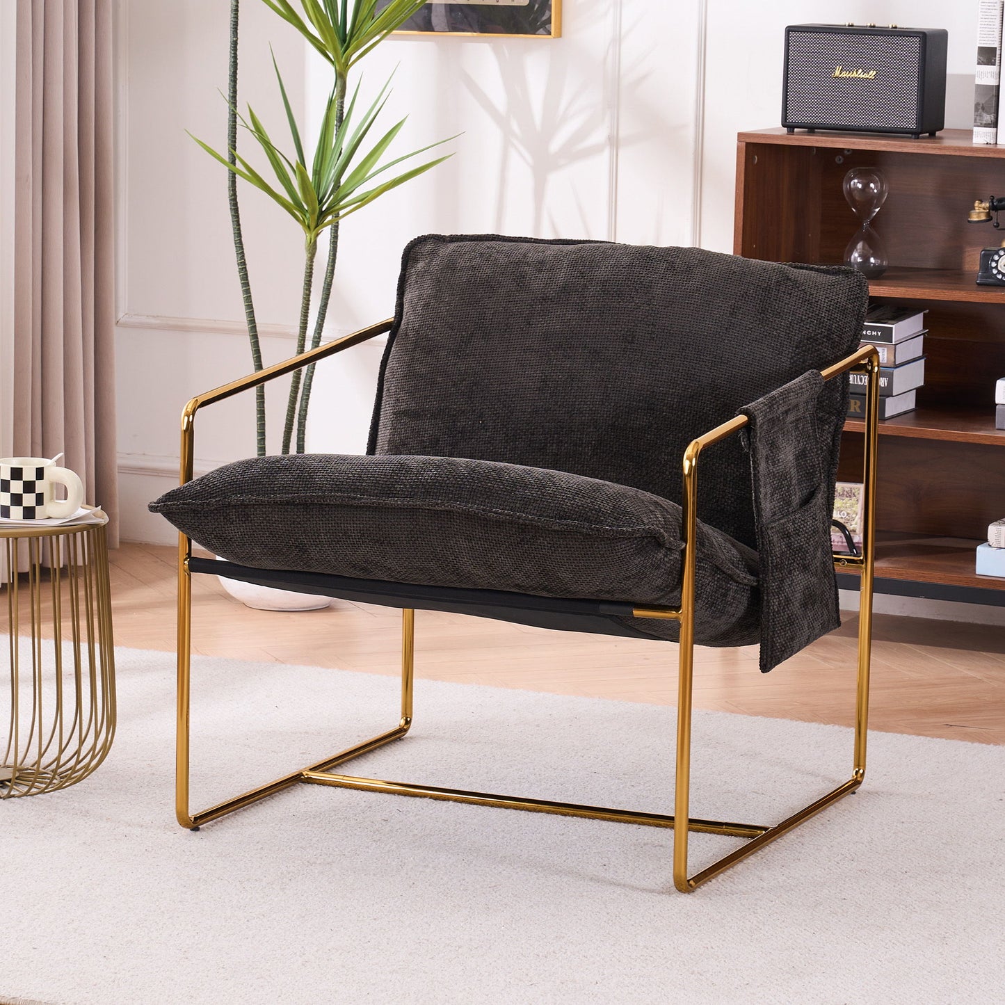 Upholstered Hanging Armchair With Arm Pocketsmetal Frame (Set of 2), Gold-Plated Craftsmanship, Crushed Foam Cushions And Skin-Friendly Woven Fabric For Living Room And Bedroom - Dark Gray