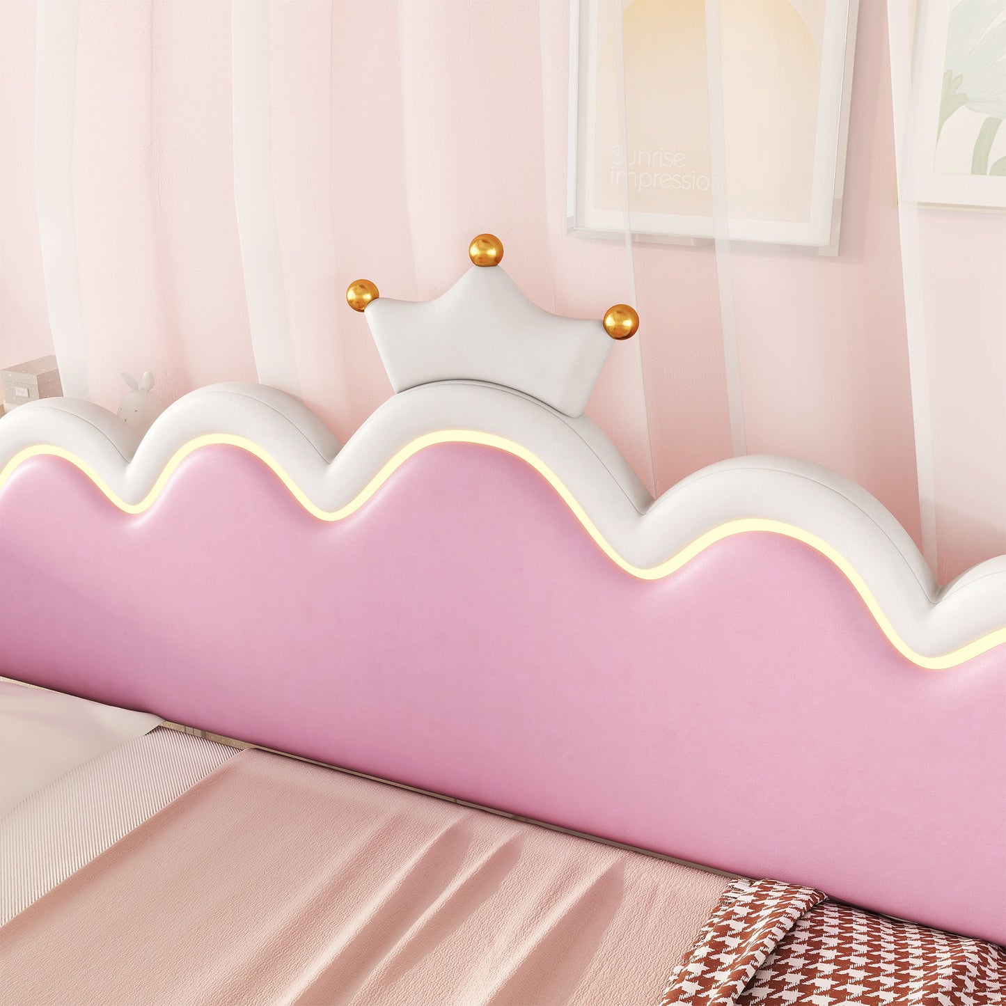 Twin Extending Daybed With LED Lights, Modern Upholstered Princess Daybed With Crown Headboard - White
