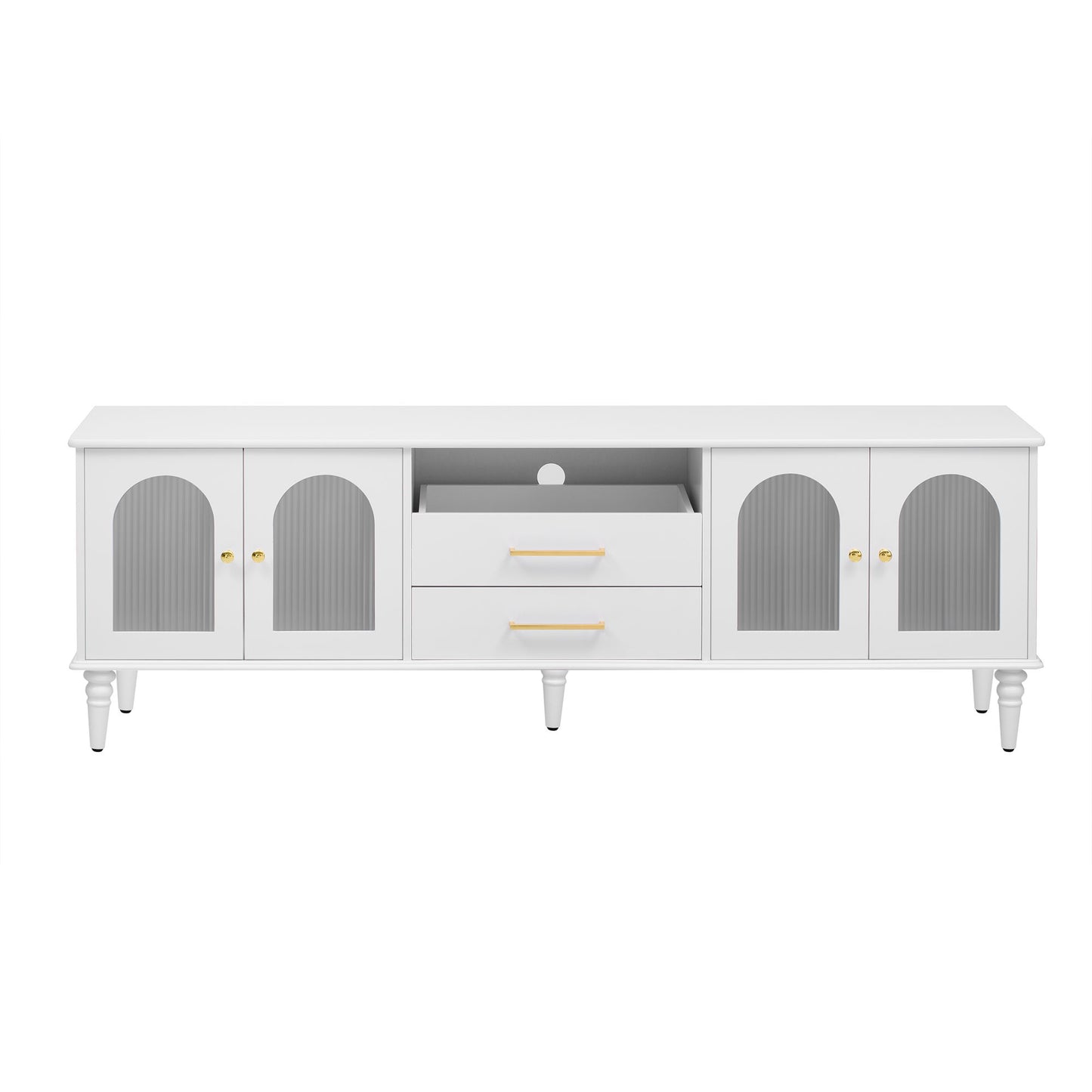 Retro TV Stand For TVs Up To 75", Entertainment Center Media Console With Fluted Glass Doors And 5 Solid Wood Legs For Living Room - White