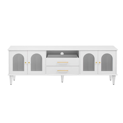 Retro TV Stand For TVs Up To 75", Entertainment Center Media Console With Fluted Glass Doors And 5 Solid Wood Legs For Living Room - White