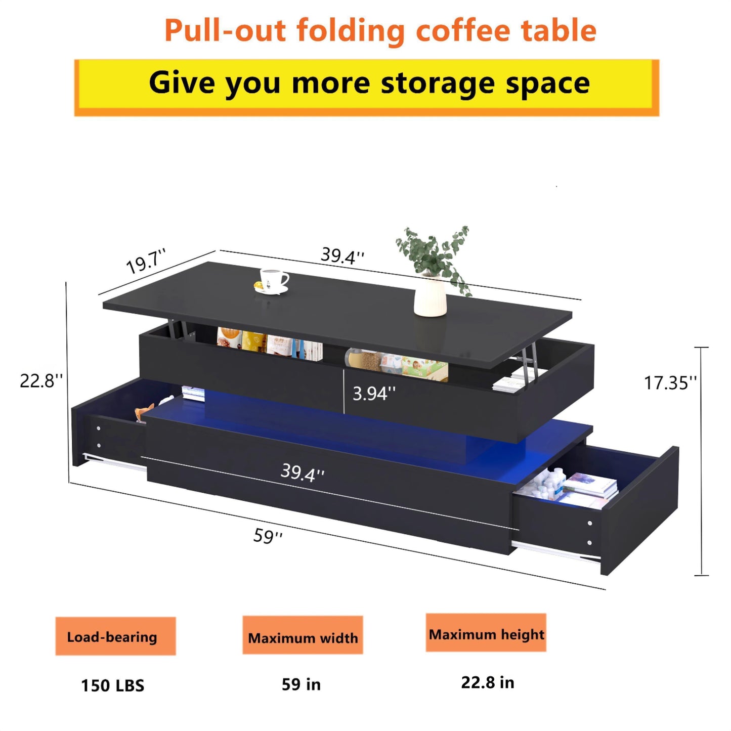 High Quality Foldable 3 Tier Coffee Table With Drawers And LED Light - Black