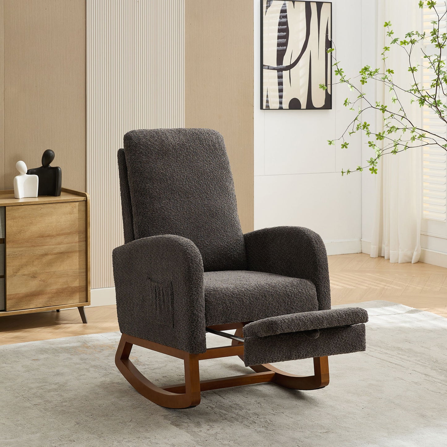 Rocking Chair For Nursery, High Back Glider Chair With Retractable Footrest, Side Pocket, Rocking Accent Armchair With Rubber Wood Legs For Living Room / Bedroom - Charcoal