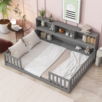 Full Floor Bed With Side Bookcase, Shelves, Guardrails - Gray
