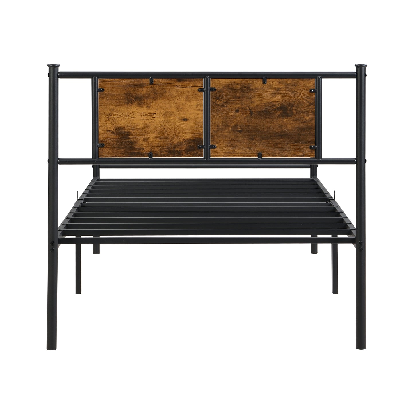 Modern Twin Long Size Metal Bedframe With Wood Panel Headboard - Black / Brown