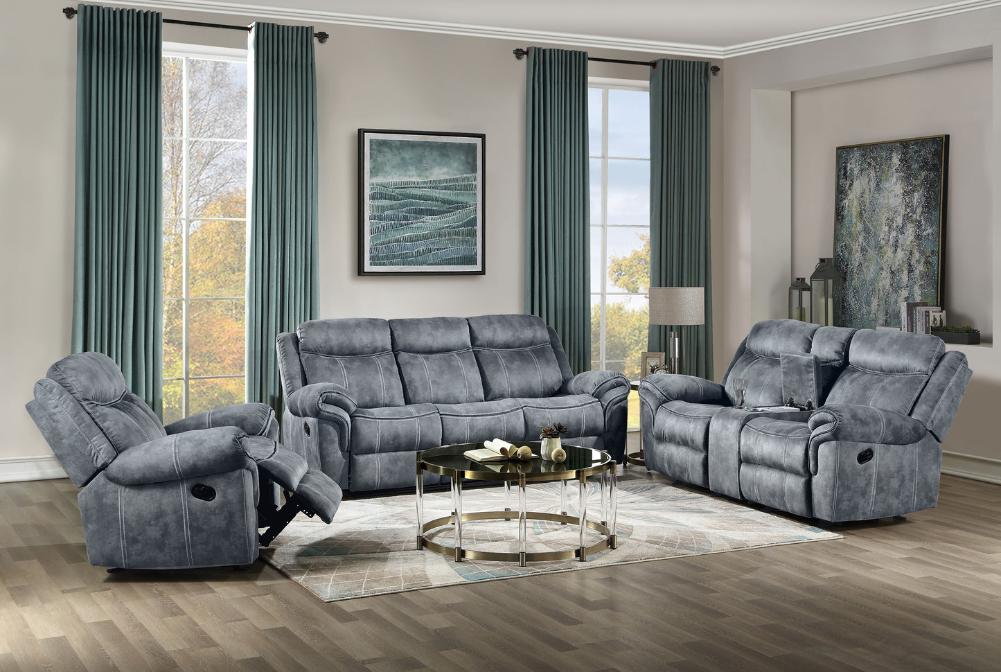 Zubaida - Two Tone Velvet 3 Piece Recliner Living Room Set - Gray