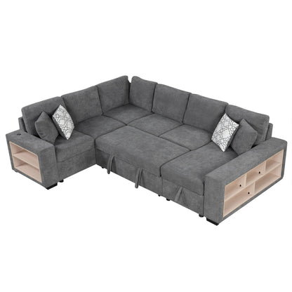 U-Shaped Sectional Sofa Pull-Out Sofa Bed With Two USB Ports, A Storage Chaise Lounge And Four Back Pillows For Living Room - Gray