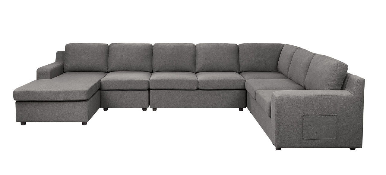 Waylon - Linen 7 Seater U-Shape Sectional Sofa Chaise With Pocket - Gray