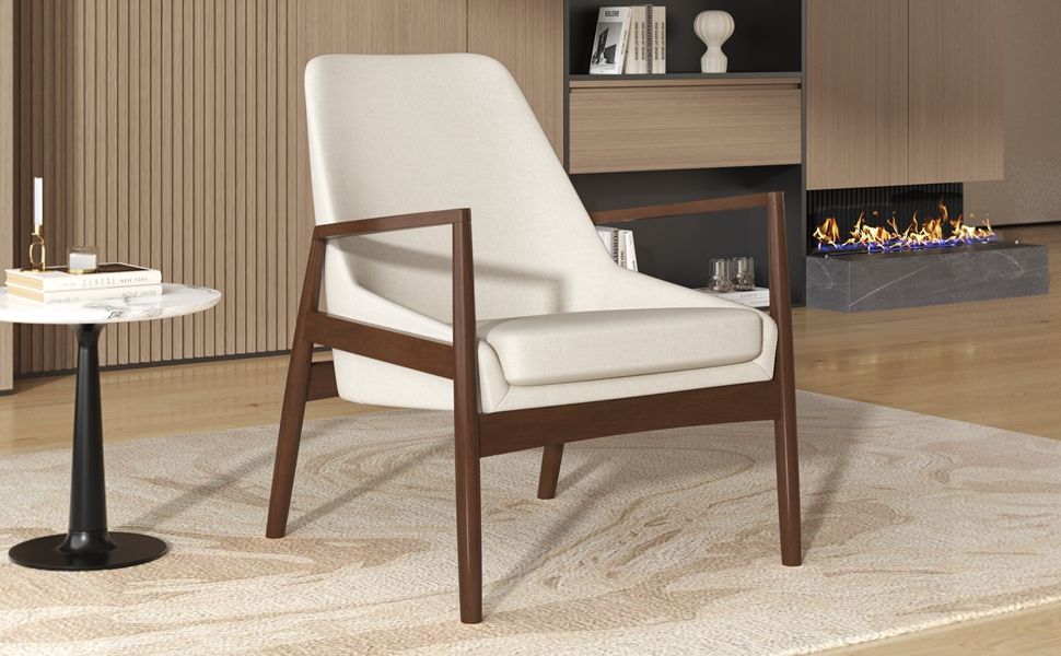 Accent Chair, Mid-Century Modern Armchair With Solid Wood Frame, Reading Leisure Chair With High Back For Living Room - Beige