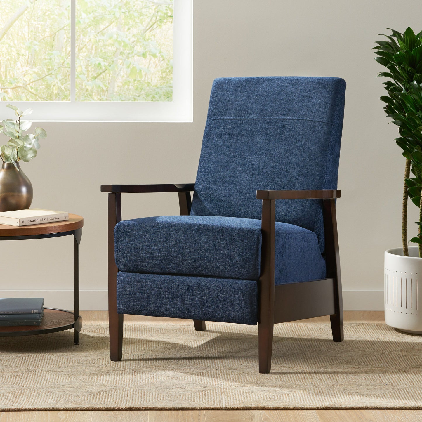Wide Wood Hand Manual Club Recliner - Navy Blue
