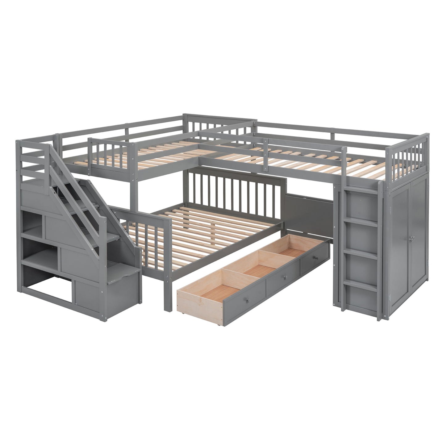 Twin Twin Over Full L Shaped Bunk Bed With 3 Drawers, Portable Desk And Wardrobe - Gray