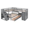 Twin Twin Over Full L Shaped Bunk Bed With 3 Drawers, Portable Desk And Wardrobe - Gray