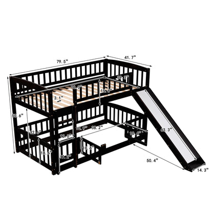 Twin Over Twin Low Bunk Bed With Slide, Fence And Ladder - Espresso