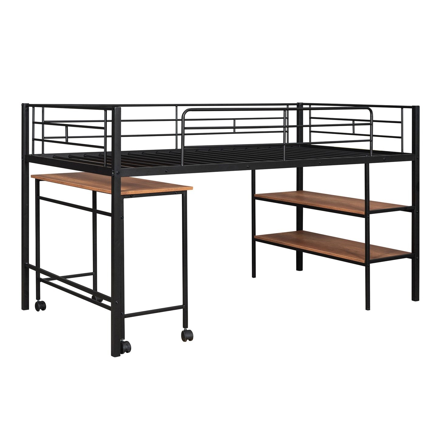 Twin Size Loft Bed With Desk And Shelves - Black
