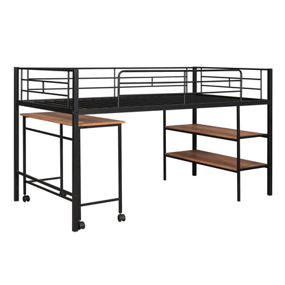 Twin Size Loft Bed With Desk And Shelves - Black