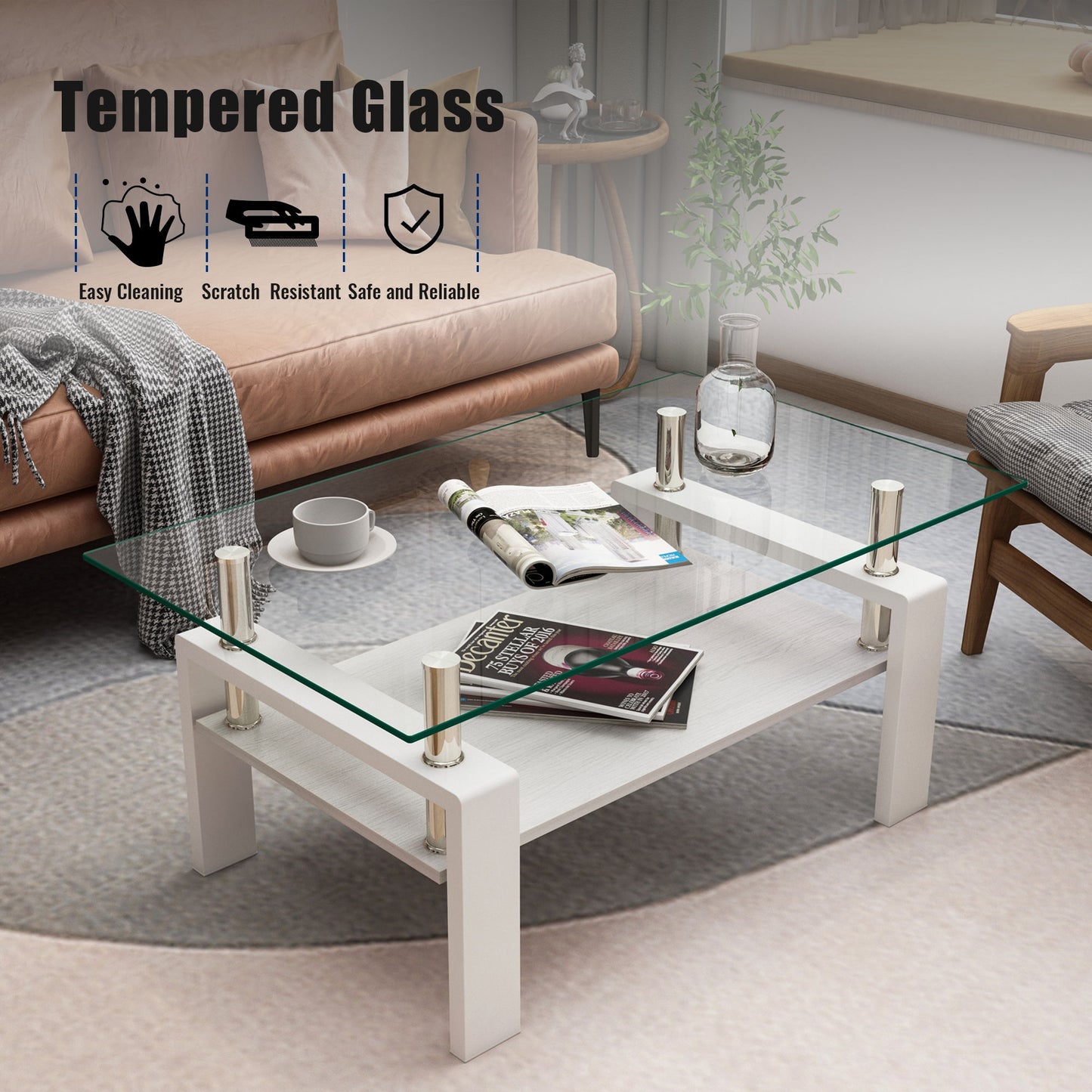 Modern Rectangular Coffee Table & Tempered Glass Top Layer, Table For Living Room - Transparent