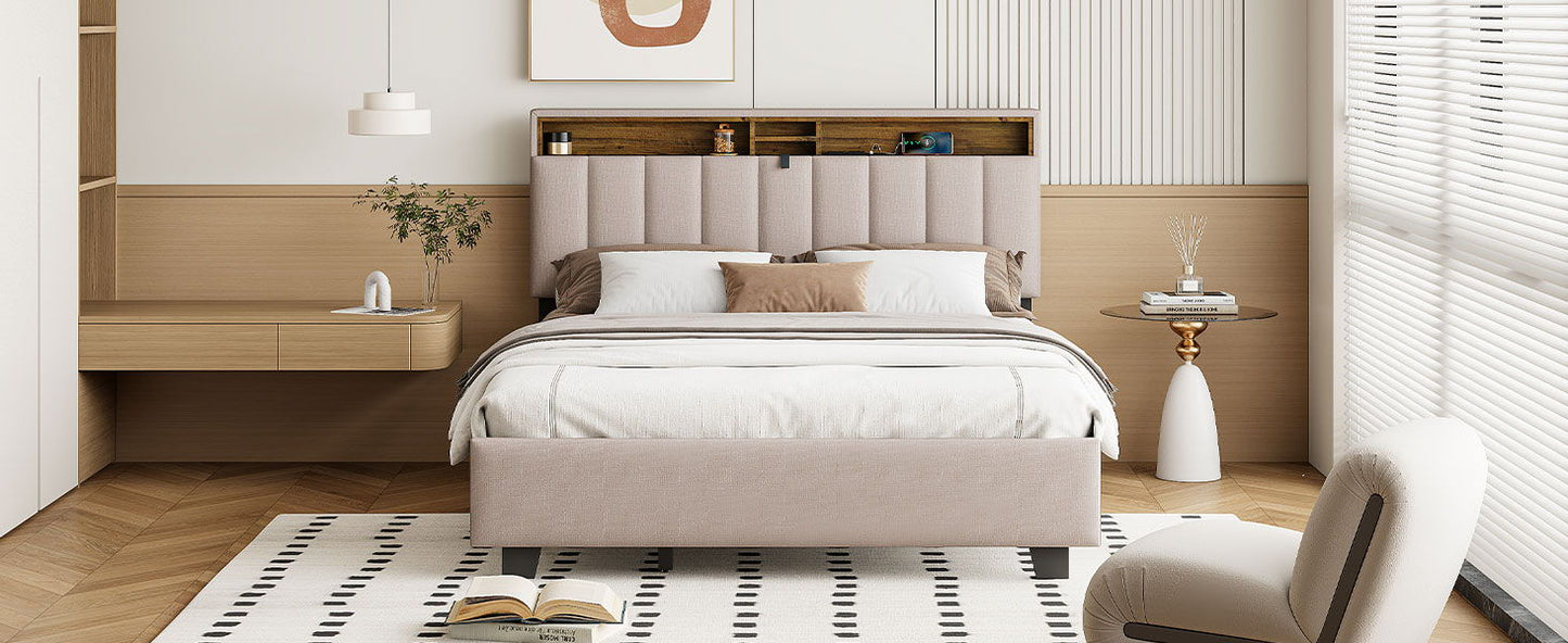 Queen Size Upholstered Platform Bed With Storage Headboard, Twin Long Size Trundle & 2 Drawers And A Set Of Sockets & USB Ports - Beige