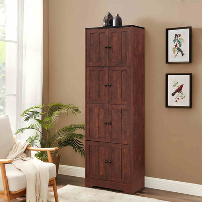 Tall Storage Cabinet With 8 Doors And 4 Shelves, Wall Storage Cabinet For Living Room, Kitchen, Office, Bedroom, Bathroom - Walnut