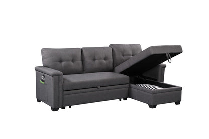 Nathan - Reversible Sleeper Sectional Sofa With Storage Chaise, USB Charging Ports And Pocket - Dark Gray