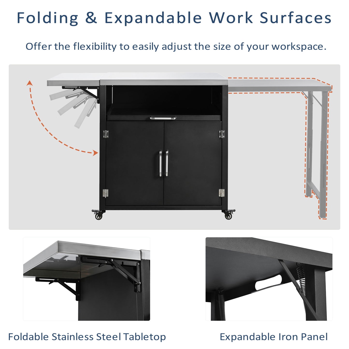 Versatile Outdoor Cabinet With Folding & Expandable Work Surfaces, Ample Storage Space, And Lockable Wheels - Matte Black