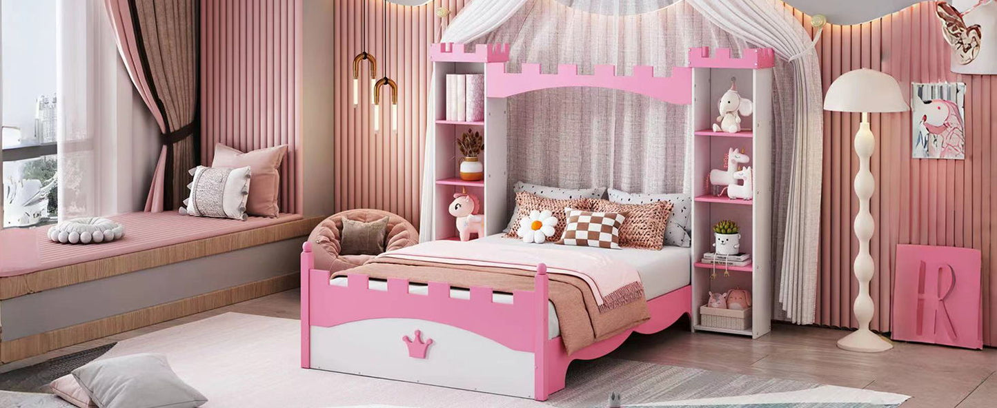 Castle Shaped Bed With Storage Shelf, Dreamy Twin Size Platform Bed For Kids Bedroom - White / Pink