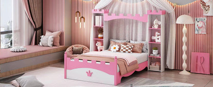 Castle Shaped Bed With Storage Shelf, Dreamy Twin Size Platform Bed For Kids Bedroom - White / Pink