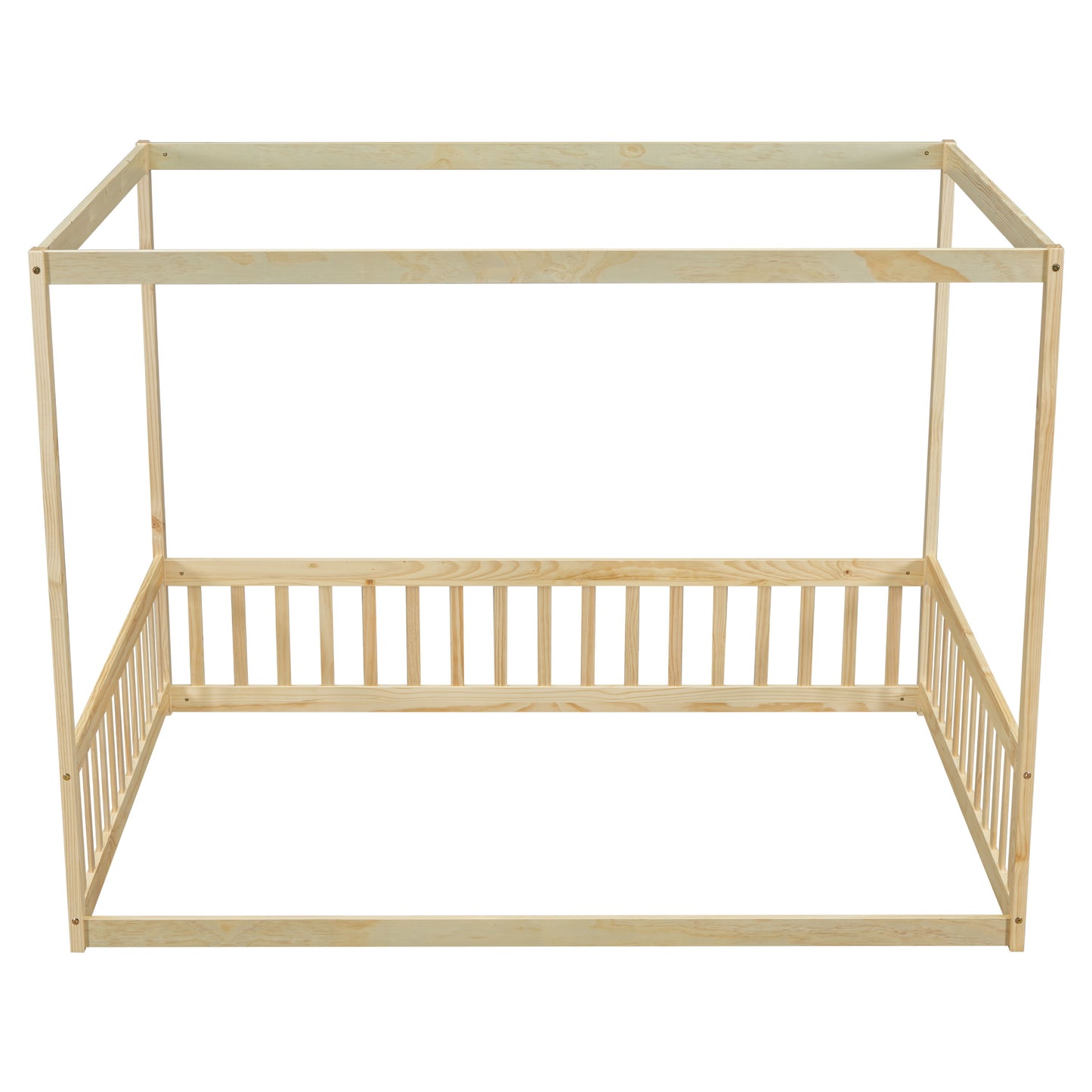 Full Size Canopy Frame Floor Bed With Fence, Guardrails - Natural