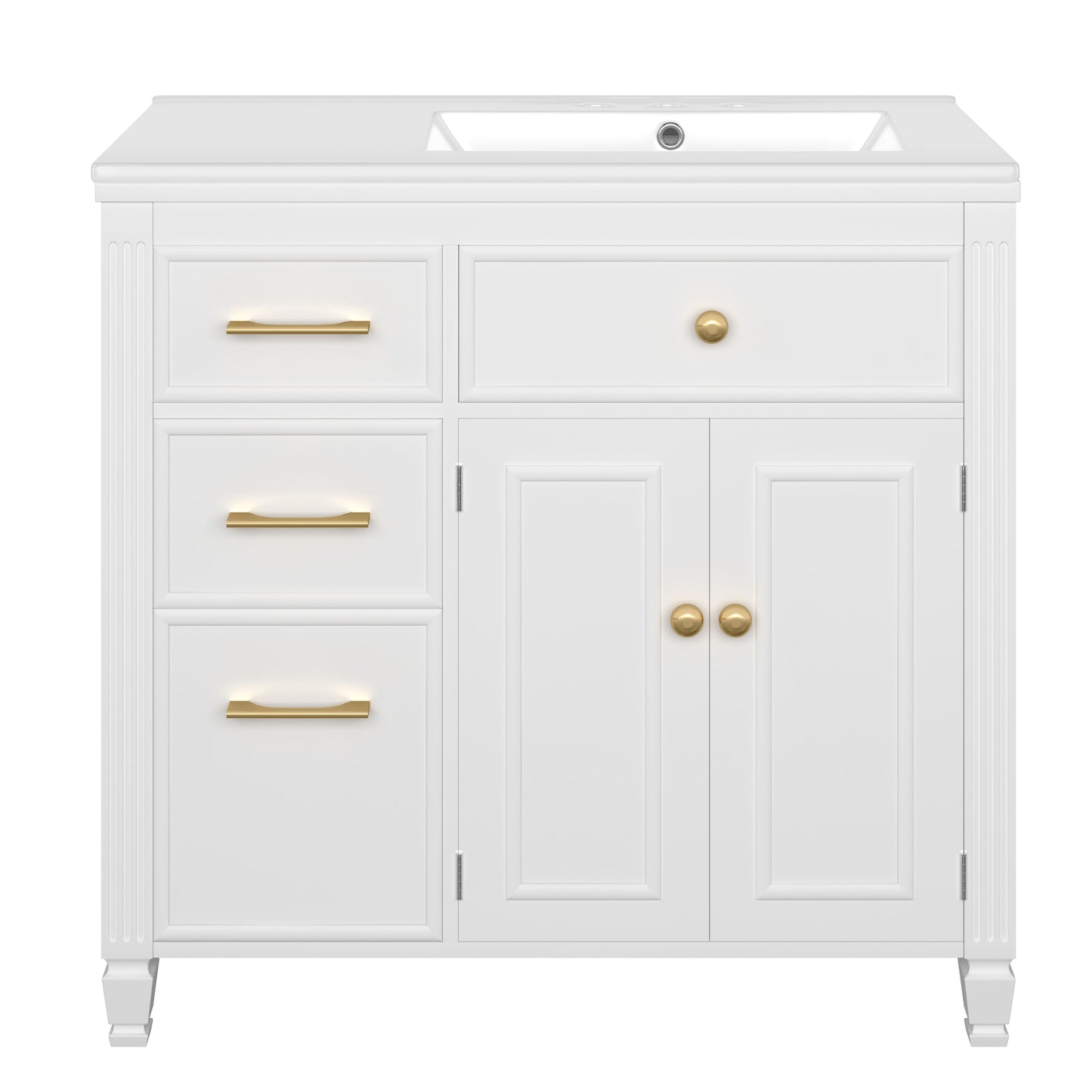 Modern Bathroom Vanity With Ceramic Sink, Freestanding, One Tip - Out Drawer, 3 Side Drawers, Adjustable Shelf - White