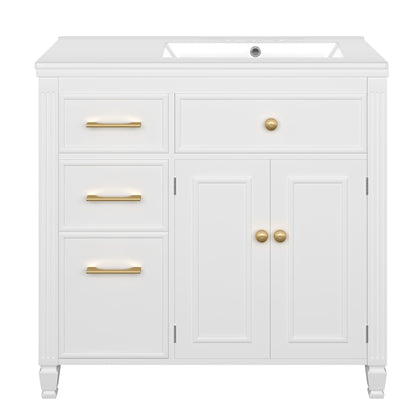 Modern Bathroom Vanity With Ceramic Sink, Freestanding, One Tip - Out Drawer, 3 Side Drawers, Adjustable Shelf - White