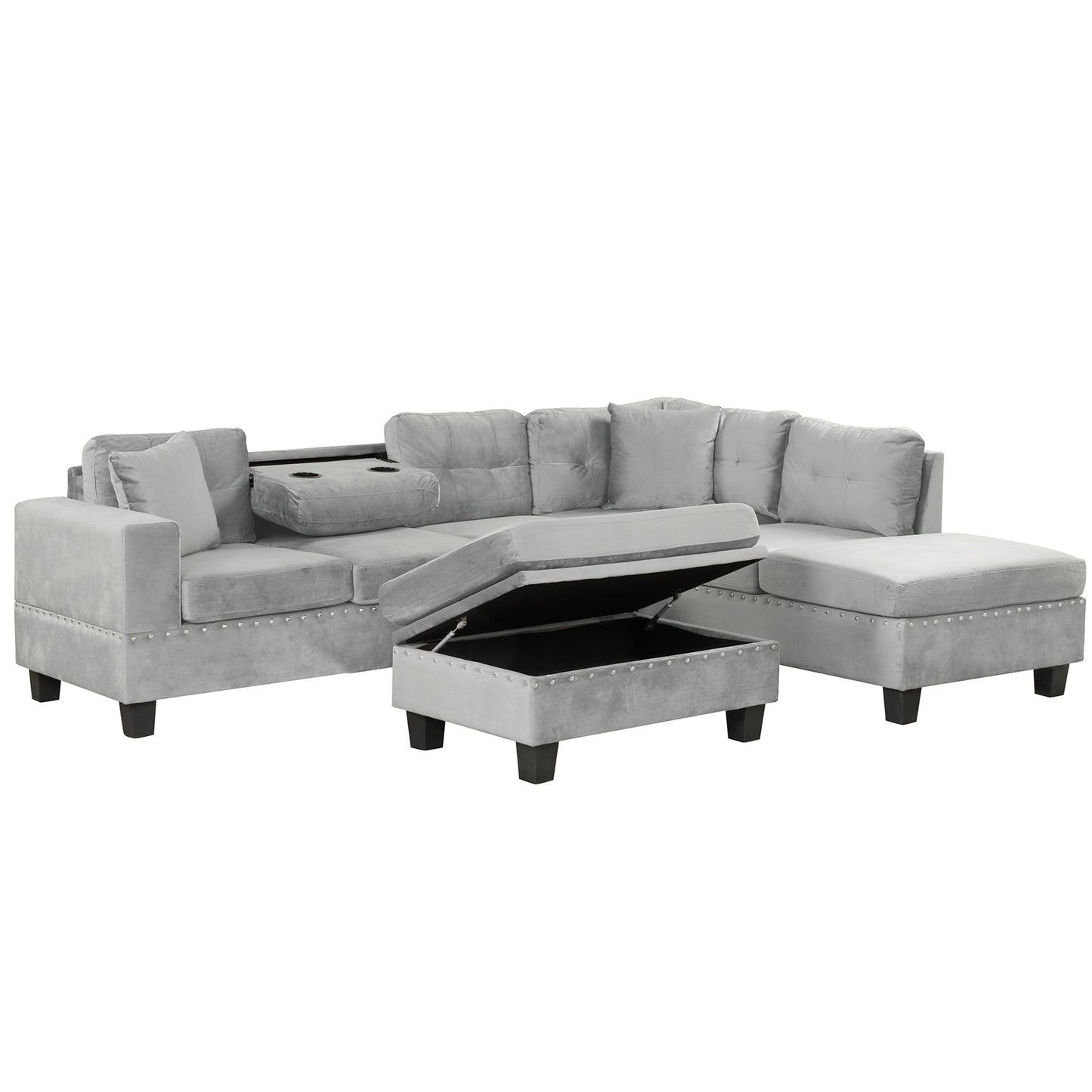 Modern Sectional Sofa With Storage Ottoman, L - Shape Couch With 2 Pillows And Cup Holders - Gray