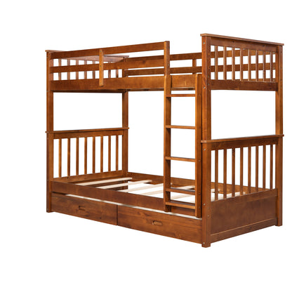 Twin Over Twin Bunk Bed With Ladders And 2 Storage Drawers - Walnut
