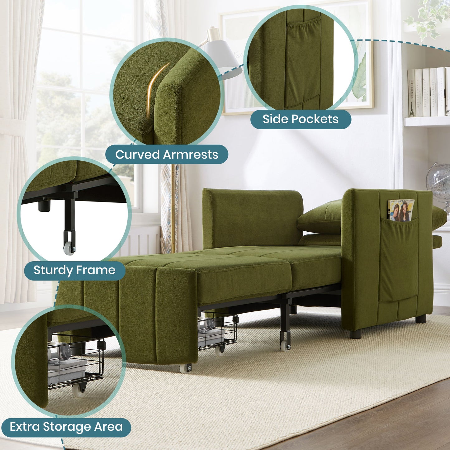 Upholstered Convertible Sleeper Sofa With Adjustable Backrest, Side Pockets, Storage Basket - Green
