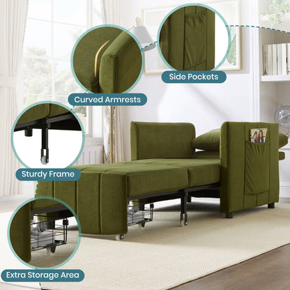 Upholstered Convertible Sleeper Sofa With Adjustable Backrest, Side Pockets, Storage Basket - Green