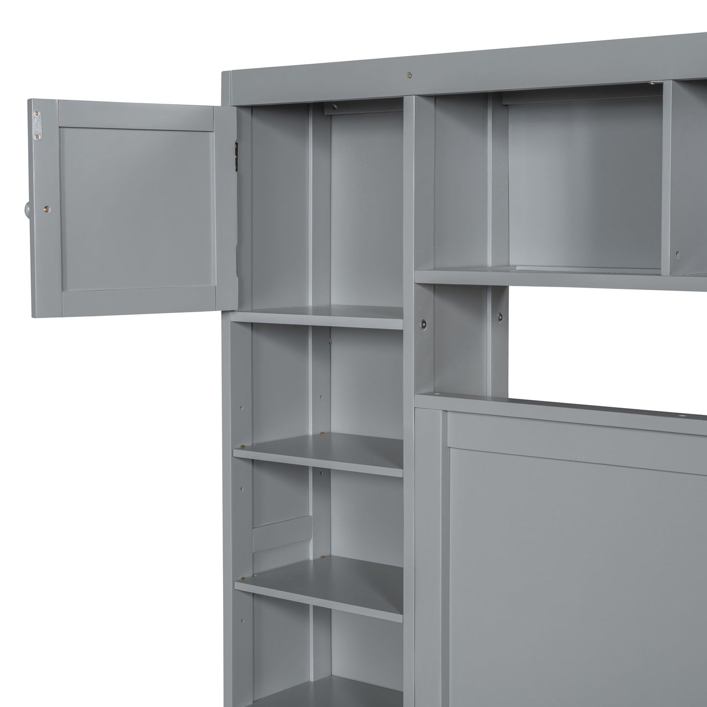 Queen Size Bed With All In One Cabinet, Shelf And Sockets - Gray