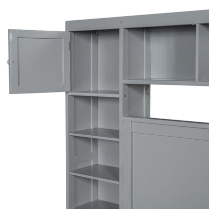 Queen Size Bed With All In One Cabinet, Shelf And Sockets - Gray