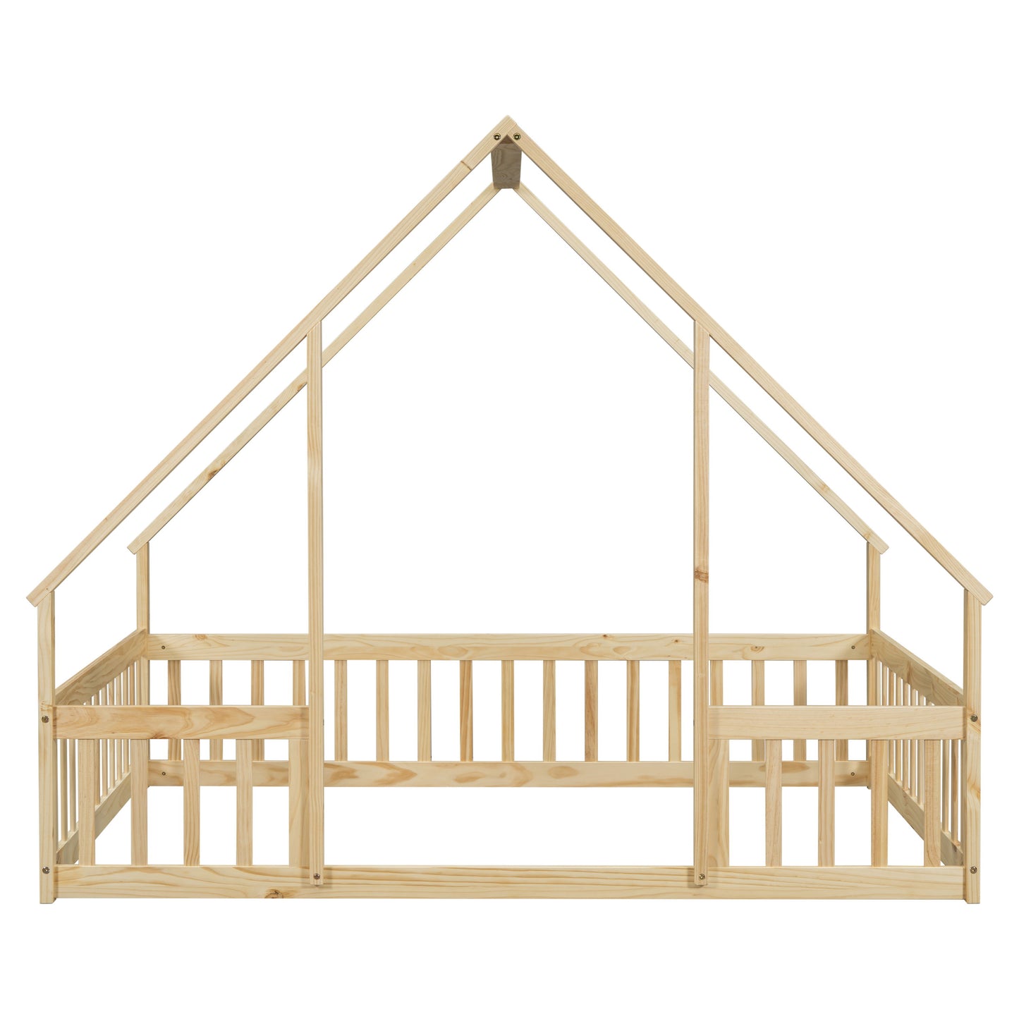 Full Wood House-Shaped Floor Bed With Fence, Guardrails - Natural