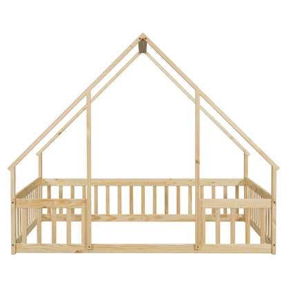 Full Wood House-Shaped Floor Bed With Fence, Guardrails - Natural