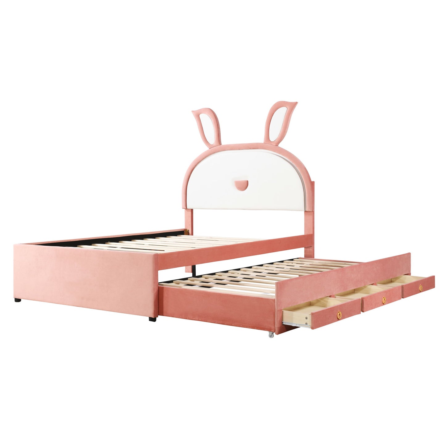 Full Size Upholstered Platform Bed With Trundle And 3 Drawers, Rabbit-Shaped Headboard With Embedded LED Lights - Pink