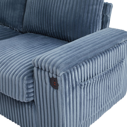 Modern 4 Seater Corduroy Sofa Couch With USB Ports, Hidden Storage, Flip Top Cup Holders - Blue