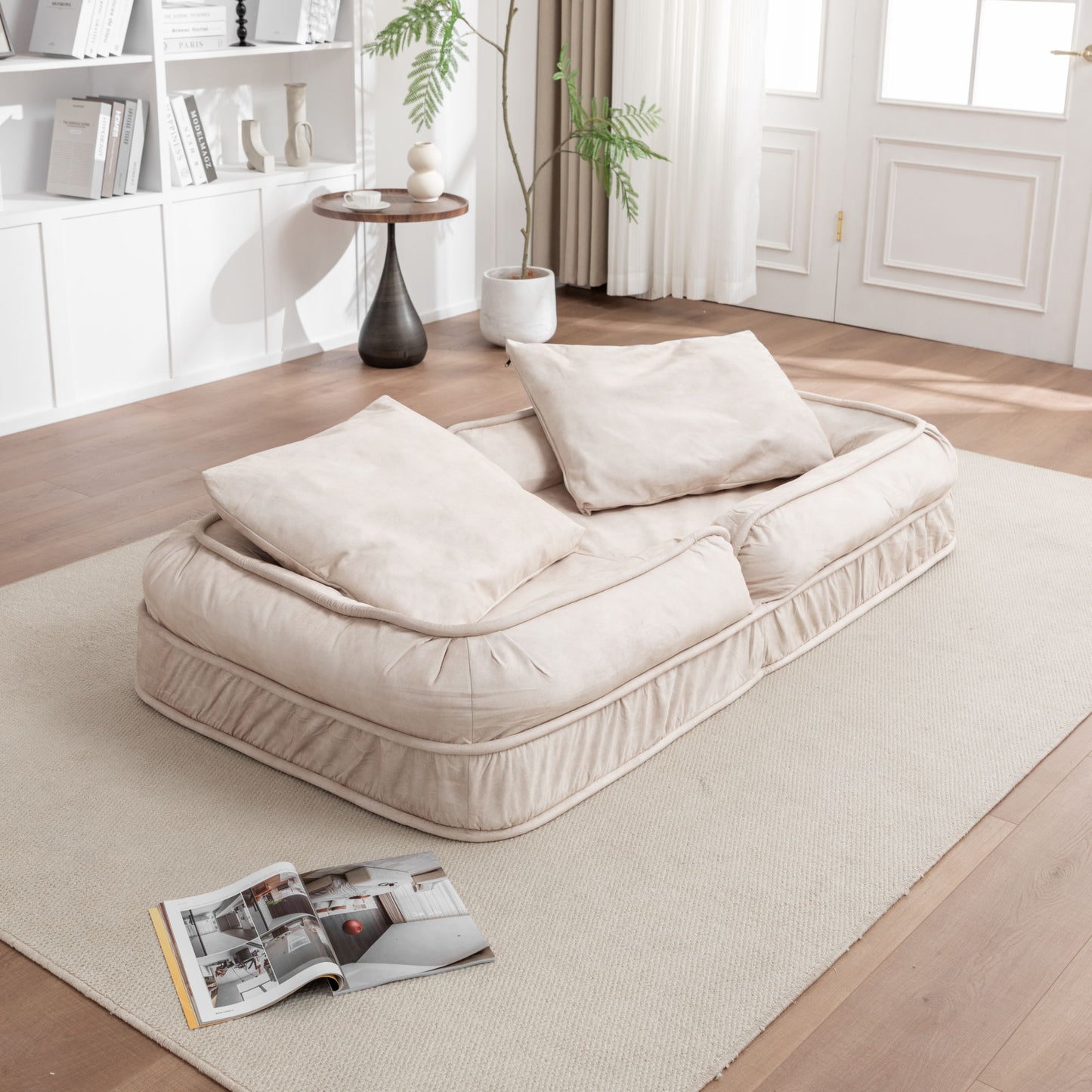 Upholstered Human Dog Bed And Pets Bean Bag Floor Sofa With Massage Pillow, 5 Adjustable Positions & 2 Soft Pillows, Velvet With Foam And Iron Plastic Frame - Beige