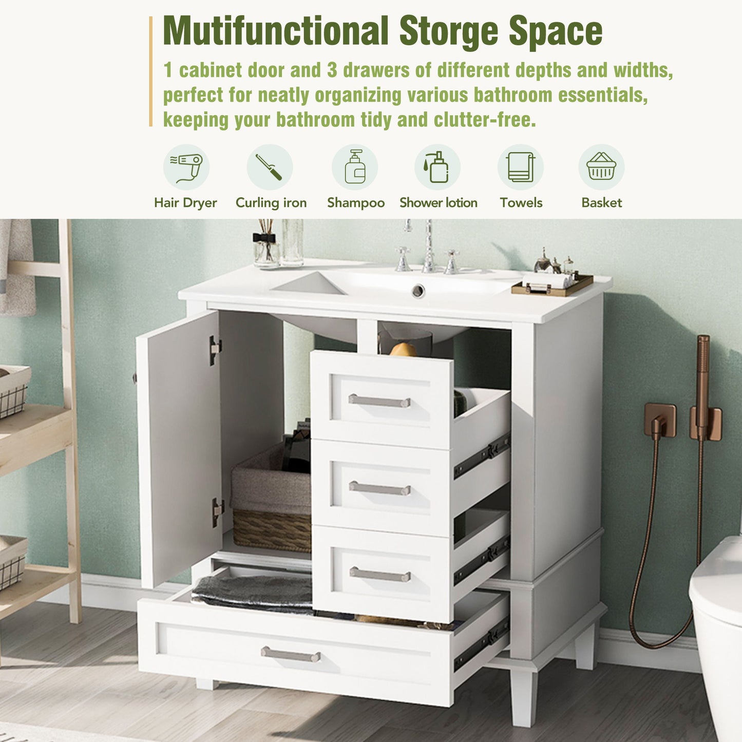 Bathroom Vanity, Modern Bathroom Cabinet With Sink Combo Set, Bathroom Storage Cabinet With A Soft Closing Door And 3 Drawers, Solid Wood Frame - White