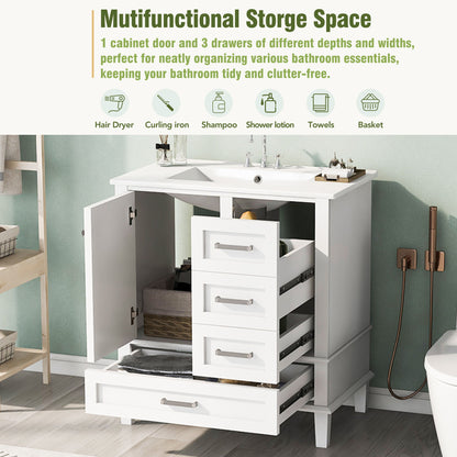 Bathroom Vanity, Modern Bathroom Cabinet With Sink Combo Set, Bathroom Storage Cabinet With A Soft Closing Door And 3 Drawers, Solid Wood Frame - White