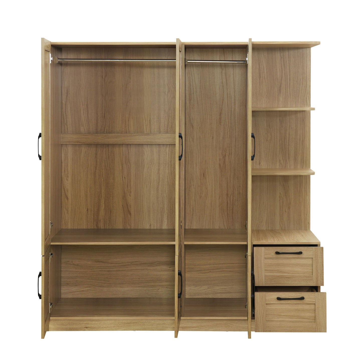 3 Door Storage Wardrobe For Dedroom With Shelves And 2 Drawers, Side Storage Shelves - Nature