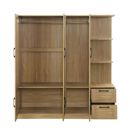 3 Door Storage Wardrobe For Dedroom With Shelves And 2 Drawers, Side Storage Shelves - Nature